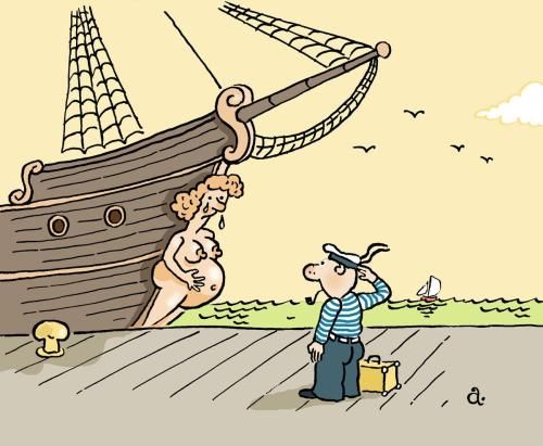У пристани стоит корабль с гальюнной фигурой в виде беременной женщины. Морячок отдаёт ей честь.