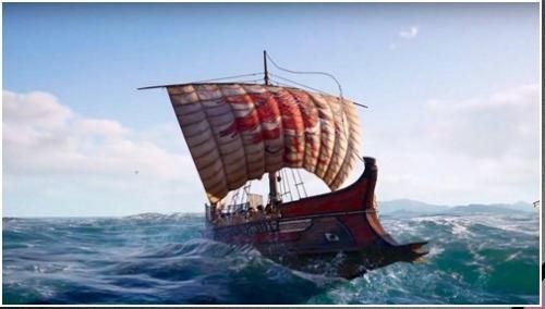 Древнегреческое парусное судно подходит к берегу.